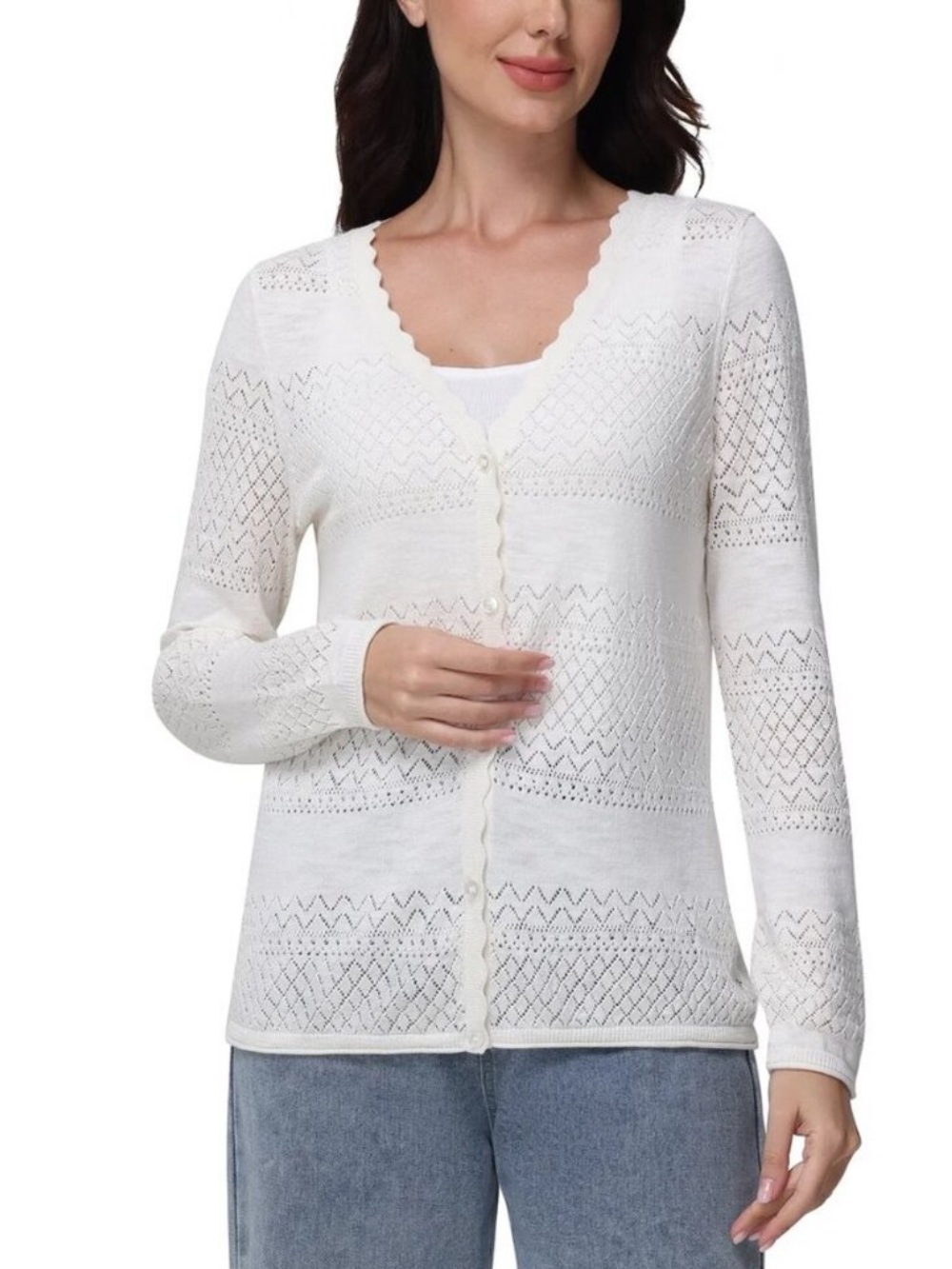 Frye pointelle knit long-sleeve button-front cardigan in a cream color XXL